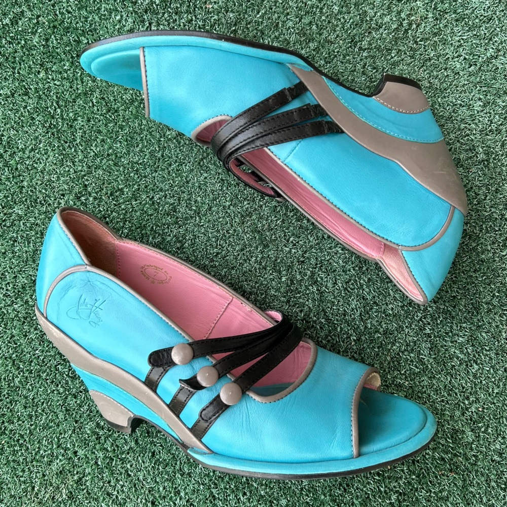 John Fluevog Vintage Miss April Peep Toe Wedge Heel Leather Turquoise Black 7 - Picture 11 of 13